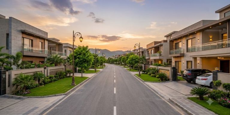 Luxury residential boulevard in Zaraj Housing Society Islamabad at golden hour with modern villas and Margalla Hills