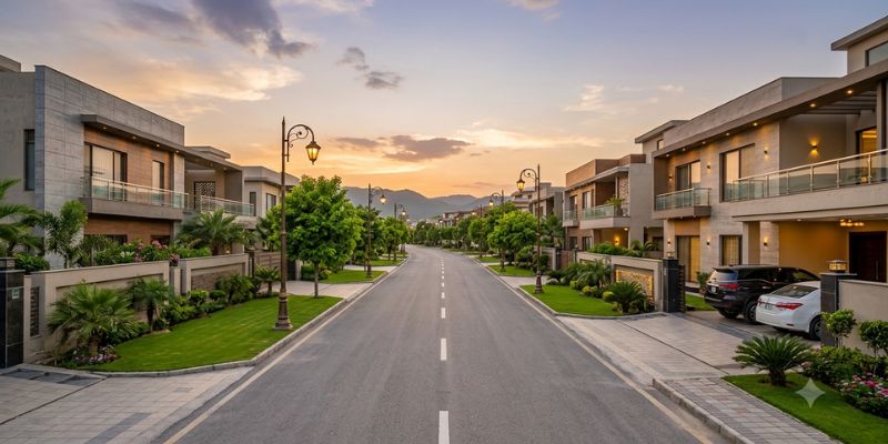 Luxury residential boulevard in Zaraj Housing Society Islamabad at golden hour with modern villas and Margalla Hills