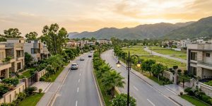Modern housing society boulevard in Islamabad with Margalla Hills backdrop — AGOCHS 2 residential plots
